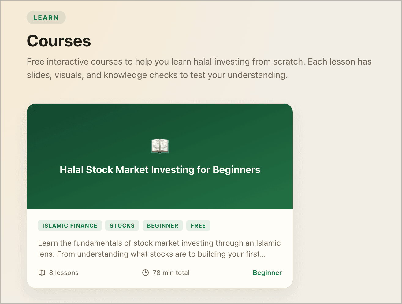 Halal Stock Market Investing for Beginners — interactive course with slides, quizzes, and visual lessons